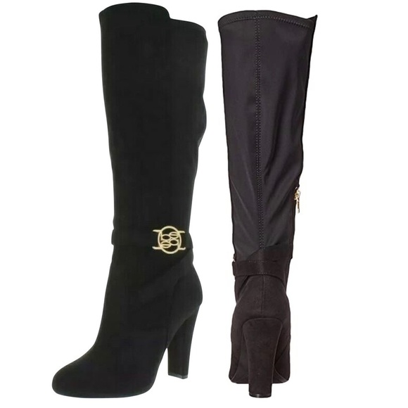 NWOTB - BEBE BARYA Black Suede Knee High Boots with Gold-tone Logo Size 10 - Picture 3 of 10